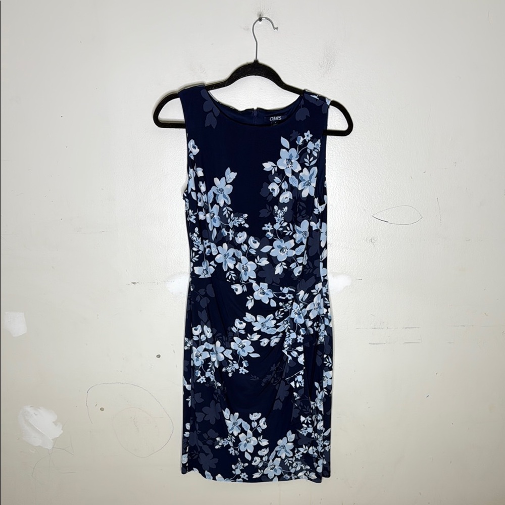 Chaps Polyester Blend Midnight Blue Floral Midi Ruffle Detail Dress Size Medium